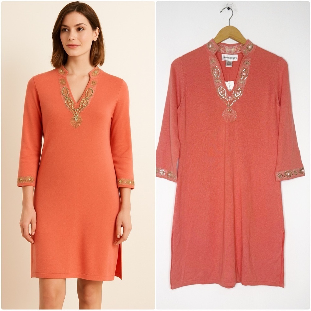Bloomingdale’s Coral Silk Cashmere Sweater Dress with Beaded Detail PM NWT